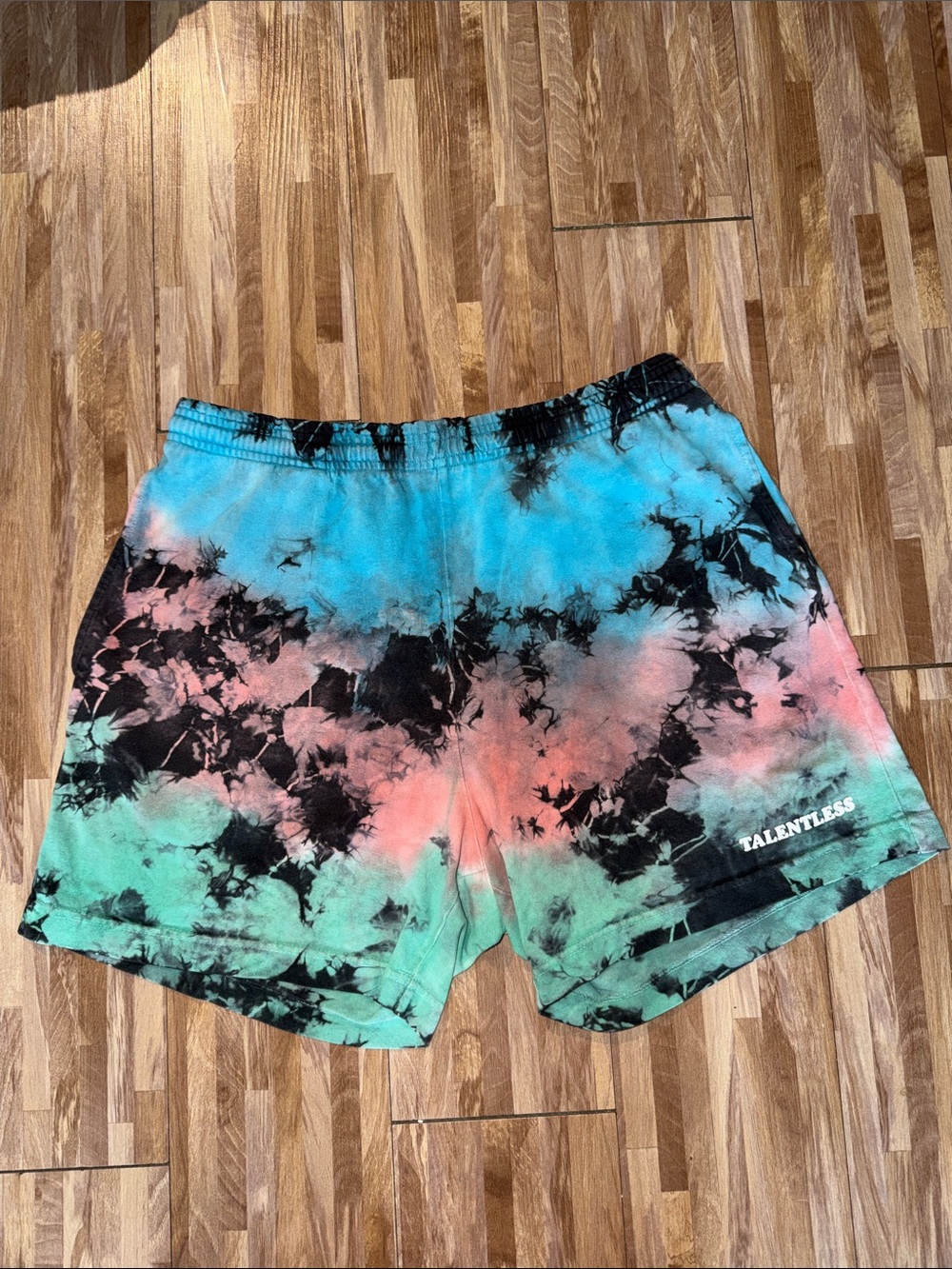 TALENTLESS Tie-Dye Athletic Shorts — Blue, Pink & Green with Black